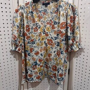 ECLAIR Floral Print Smocked Neck V-Neck 3/4 Sleeve Blouse Top Women's Size S